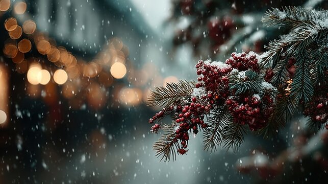 Snow gently falling over Christmas tree branches and garland, festive scene