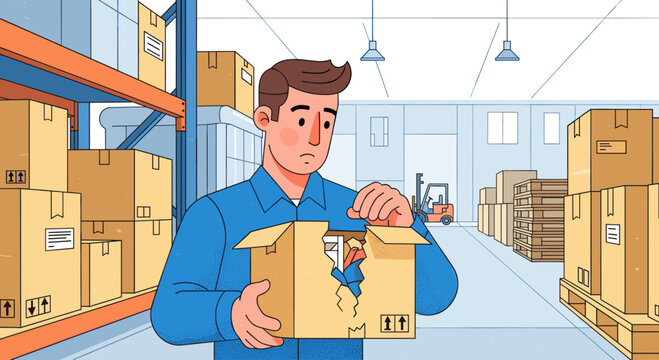 Man opening damaged cardboard box in warehouse. Logistic problem, cargo damage and delivery error concept. Vector illustration for business, shipping industry, supply chain