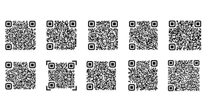 Set of collection of different black square QR code icon elements. Technology digital data scanning and payment concept. Minimalist style. Vector illustration for web page 170
