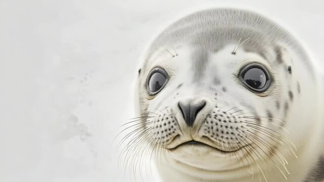 A young grey seal looks directly into the lens with its big black eyes. Its small whiskers are visible as it gazes upwards.