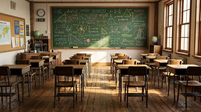 Empty traditional classroom with mathematical formulas on blackboard, awaiting students for learning.