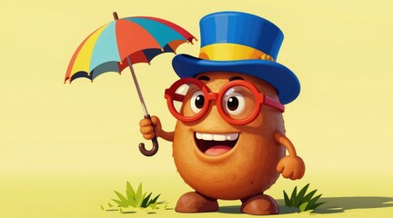 Naklejka premium Cartoon potato character with glasses and hat holds a colorful umbrella. This cheerful tuber smiles with joy, ready for any weather. Fun mascot illustration for kids content.