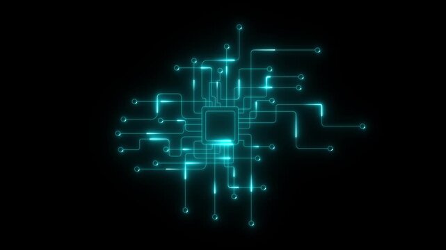 Artificial intelligence Data Transfer electronic board. Glowing Technology Abstract Animation Digital Circuit Board Glowing Lines Nodes Network. international data communication network concept. 4k