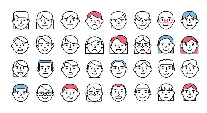Grid of minimalist face icons shows a wide variety of human expressions with a few faces highlighted in blue and red to denote different states.