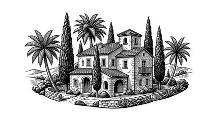 Obraz premium Mediterranean Villa with Palm Trees and Cypress Trees, Black and White Sketch