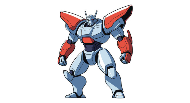 Futuristic combat robot or mecha character design featuring powerful armored body in blue and red colors on white background.