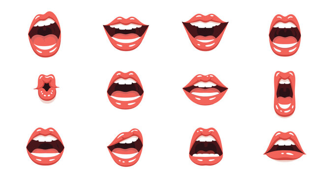 Collection of human mouth illustrations showing various facial expressions speech positions and emotions on white background.