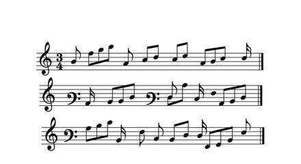 Fototapeta premium Musical staff displays several rows of black notes and symbols representing a song or melody for educational or creative sheet music use.