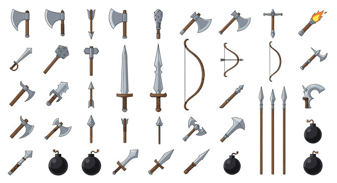 Massive collection of fantasy weapons features various styles of axes swords bows arrows bombs and other medieval tools in a flat art style.