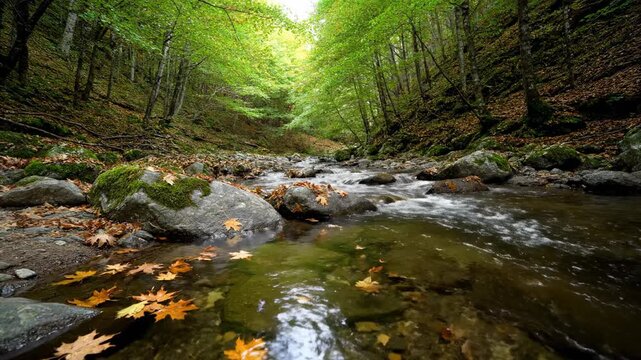 Water flows gently over rocks in serene stream. Autumn leaves scatter near clear water. Vibrant green trees frame the peaceful landscape. Concept of nature, relaxation, outdoor adventures