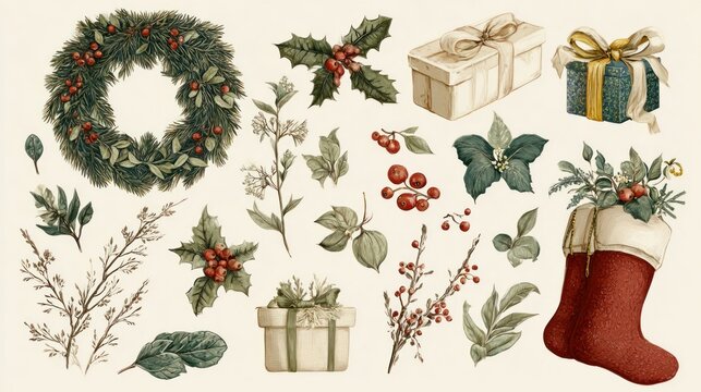 Collection of seasonal decorations including wreath, holly, gifts, branches, berries, and stockings