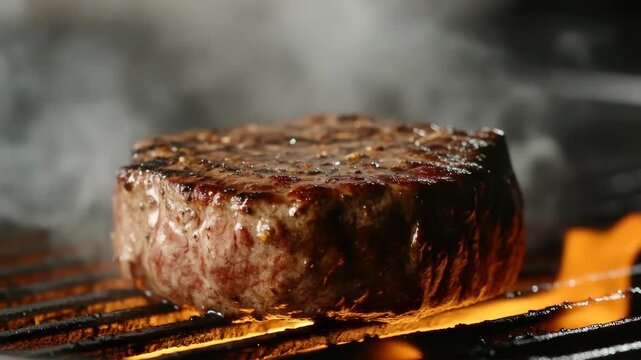 A delicious looking steak sizzling on a hot grill with flames, ready for serving.