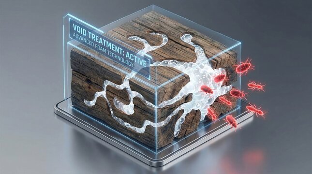 3D illustration showing termite foam treatment inside wood. Demonstrates innovative pest control technology for effective extermination. Ideal for professional pest management marketing.