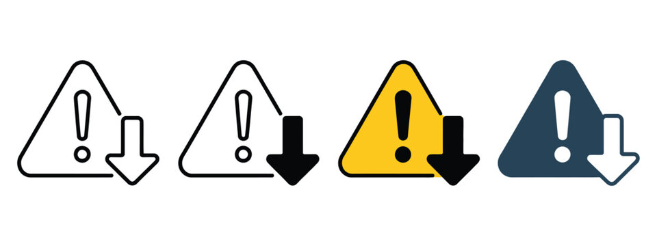 Low Urgency Warning Icon With Downward Arrow And Alert Symbol Representing Reduced Priority, Low Risk Notifications, Status Indicators And Interface Communication Concepts.