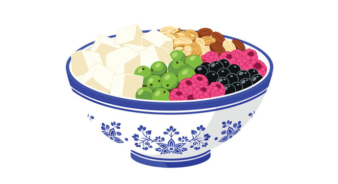 Healthy bowl of fresh fruit, tofu cubes, and berries served in a traditional blue and white patterned chinese ceramic bowl.