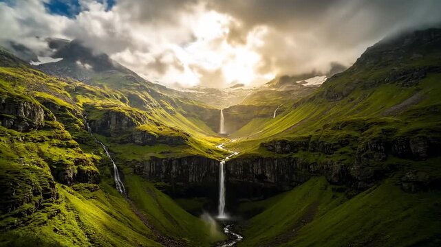Waterfalls flow down steep mountains, creating stunning views across vibrant green valleys. The landscape showcases a mix of sunlight and clouds during late afternoon