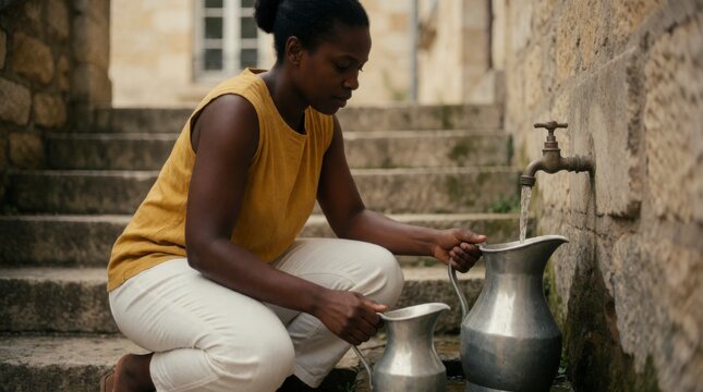 Woman filling metal jugs with water from outdoor faucet on stone steps in warm, natural light.
