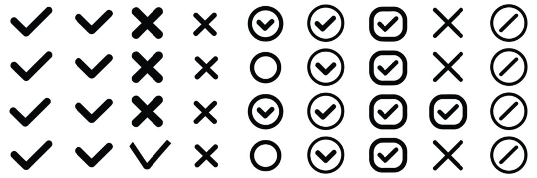 Check mark icons with hand drawn tick marks, cross symbols, checkbox elements, sketch marker style, right and wrong signs, doodle vote yes and no vector set.