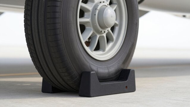 Airplane wheel securely chocked with black plastic chocks on tarmac, ensuring safety during maintenance or stationary periods under natural daylight.