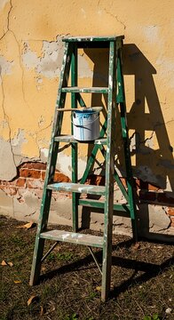 Old Wooden Ladder with Paint Bucket Against Yellow Wall.