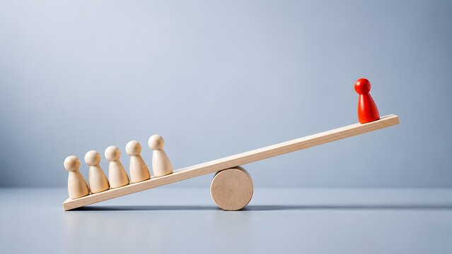 Wooden seesaw balancing one red figure against many representing leadership leverage and strategic advantage