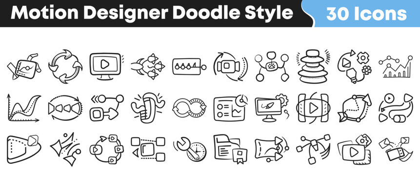 Collection of hand drawn motion designer icons in doodle style
