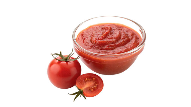 Glass bowl filled with thick red tomato sauce ketchup paste isolated on transparent background cut out