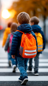 School children crossing street with reflective backpacks on their way to school at sunrise