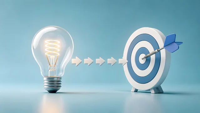 Goal oriented business alignment concept showing a glowing idea lightbulb directing arrows to hit the center target bullseye