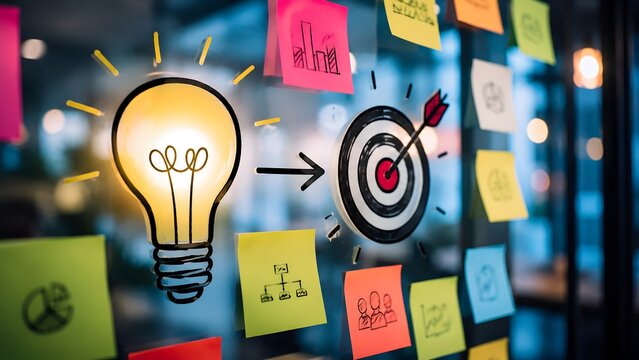 Agile project management brainstorming session with glowing lightbulb and target board representing strategic business planning and execution