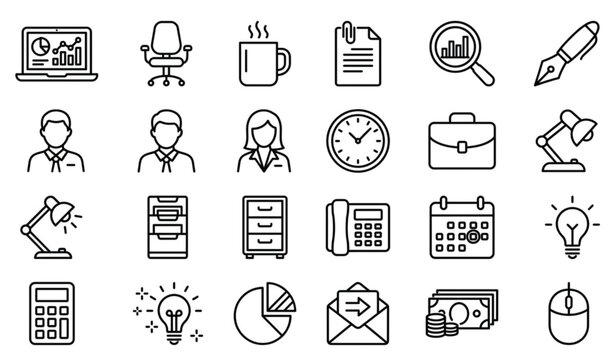 Business office line art icon set with vector laptop chair clock document and corporate worker symbols isolated on white background