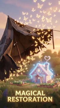 Glowing butterflies fly from tattered tent to restore small cottage. Fantasy scene with magical atmosphere and soft lighting. Useful for game design concepts and storytelling.