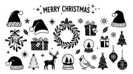 Merry Christmas Hand Drawn Doodles - Santa Hats, Gifts, Wreath, Snow Globes, Deer, Cardinal © Keset