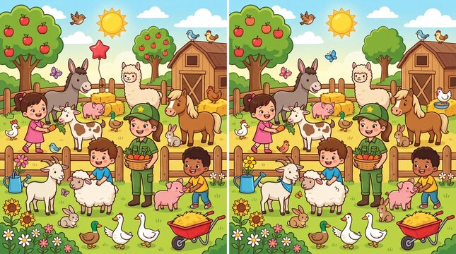A game for children: spot the differences in the picture of animals at a petting zoo.
