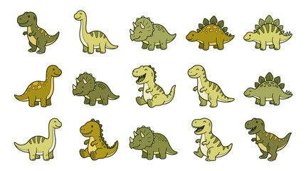 Diverse green cartoon dinosaur character illustration set. © Ria