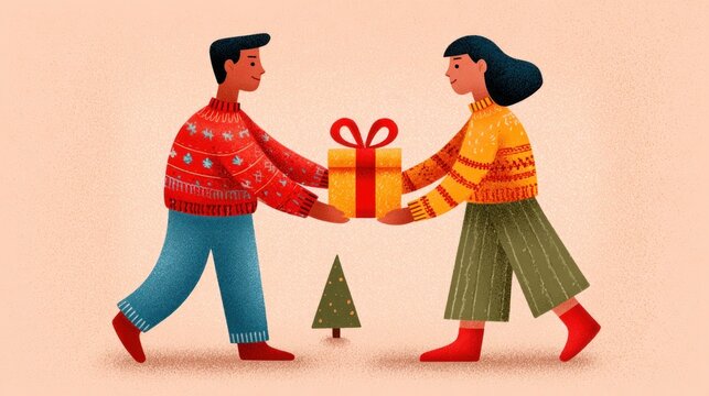 Festive hand to hand gift exchange celebrate christmas with joyful giving and receiving