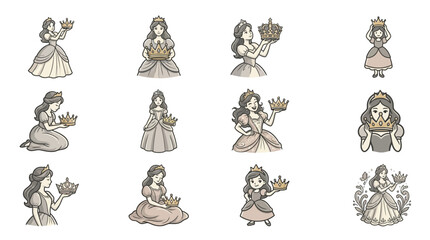 Detailed princess sketches wearing and holding crowns © Ria