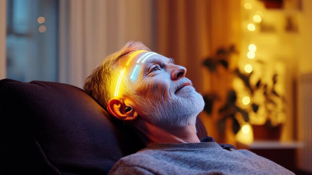 Close-up of a man immersed in a digital world with light emanating from his head as if he's wearing a headset, sitting comfortably on a couch, seemingly relaxed or focused.