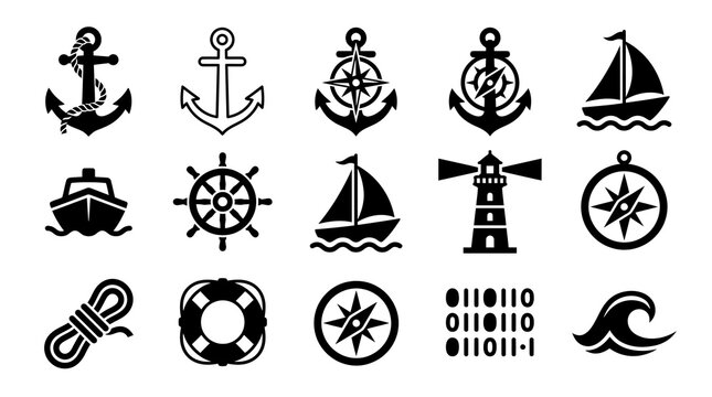 Detailed nautical and maritime black silhouette vector icons.