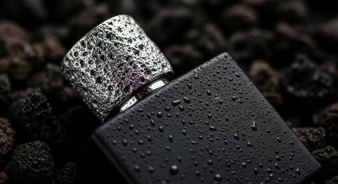 Water droplets on black stone object.