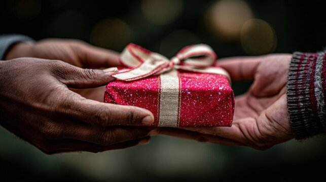 Festive hand to hand gift exchange celebrate christmas with joyful giving and receiving