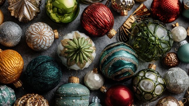 Flat lay of assorted holiday ornaments
