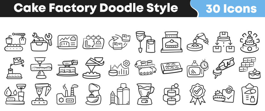 Thirty hand drawn cake factory icons in a doodle style