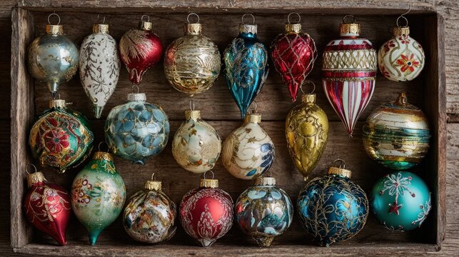 Flat lay of assorted holiday ornaments