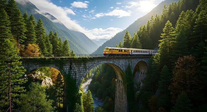 Scenic Mountain Landscape with Train Crossing Bridge.