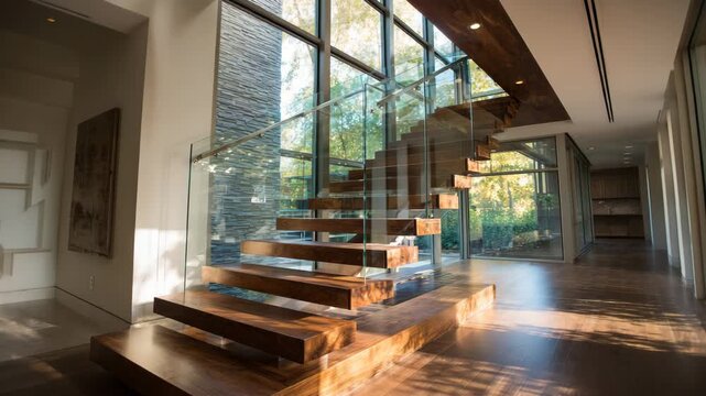 Contemporary staircase design with floating steps glass railing natural light dramatic shadows modern architectural detail focus