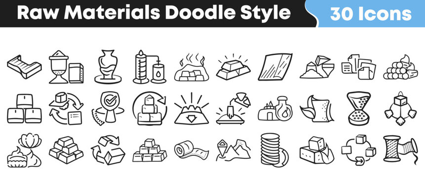Collection of various industrial raw materials depicted in doodle style icons