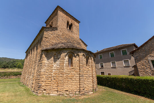 Santa Cruz de la Seros, Spain. Apse and 12th-century tower of San Caprasio, built circa 1020-1030 under Sancho III, the westernmost Lombard Romanesque church in Aragon. Huesca