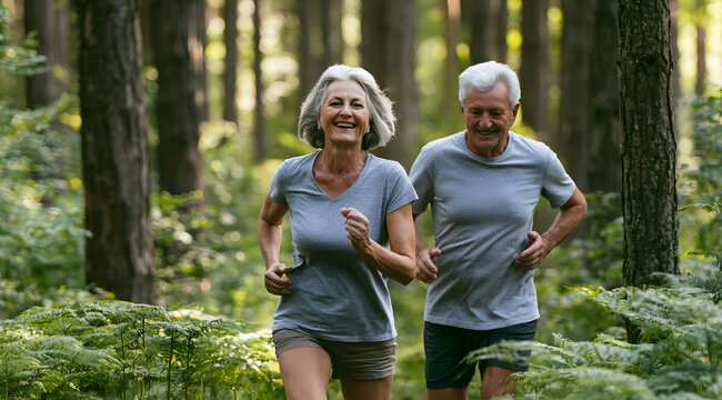 An active and healthy aged couple running through a natural forest environment on a summer morning.