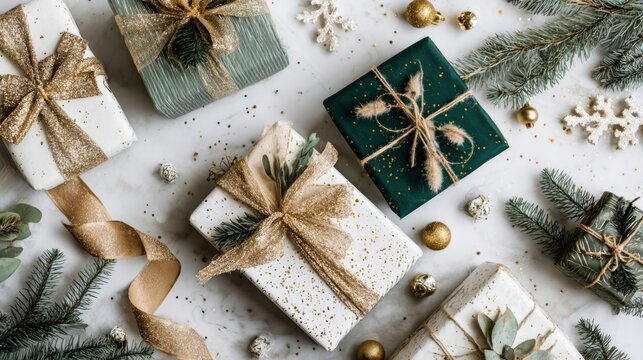 Flat lay of holiday decorations with ribbons, gift boxes, fir branches, and sparkles